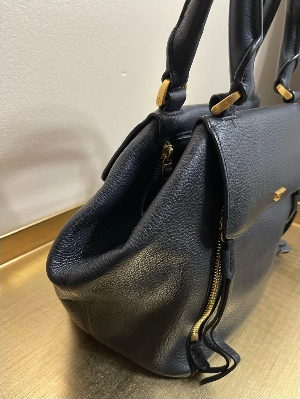 Tory Burch Black Pebbled Leather Satchel Handbag